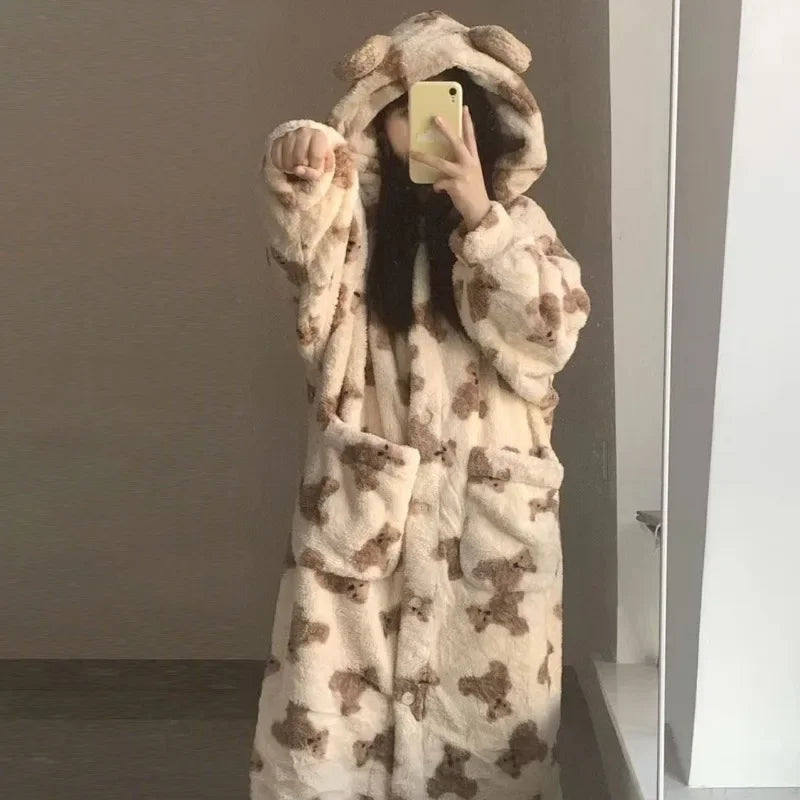 Women's Hooded Flannel Pyjama Set – Cute Bear Fluffy Robe