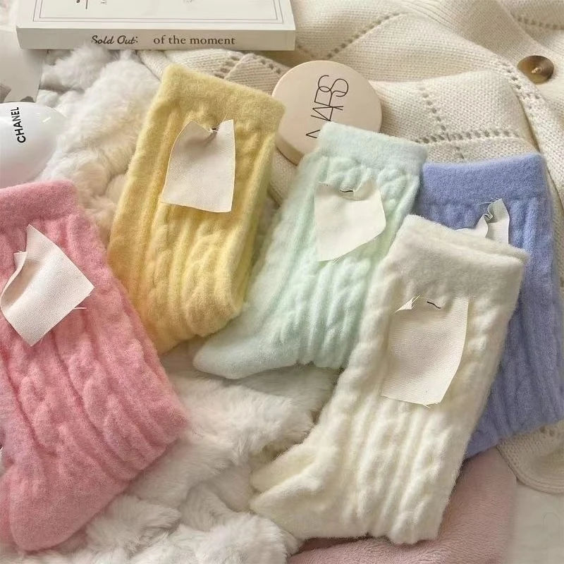 Fluffy Thick Women's Knit Socks | Soft Macaron Mid-Calf 2 Pairs