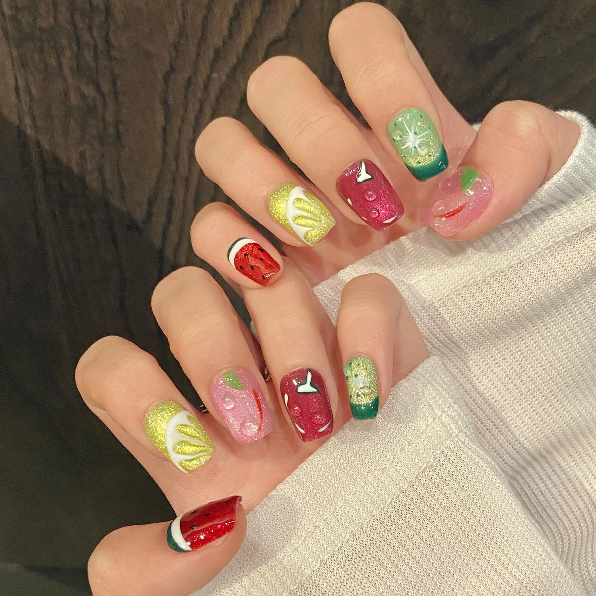 10pcs Handmade Fruit Press On Nails – Watermelon & Lemon Cat Eye