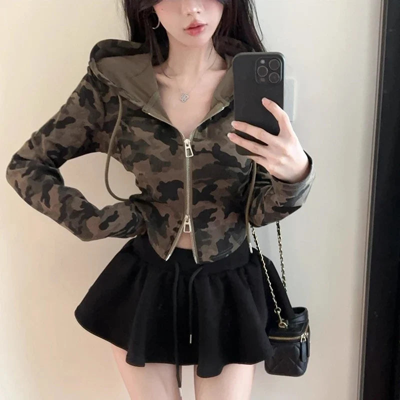 Women's Camo Hooded Crop Jacket – Zip Up Slim Fit Streetwear