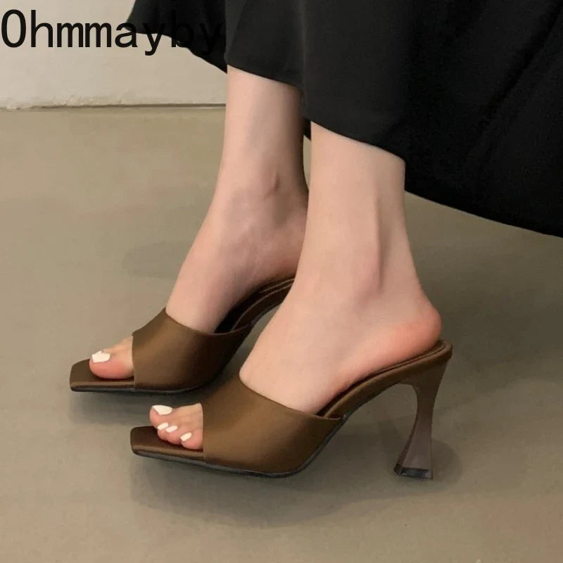 Women's Square Heel Open Toe Slide Sandals | Summer Mules