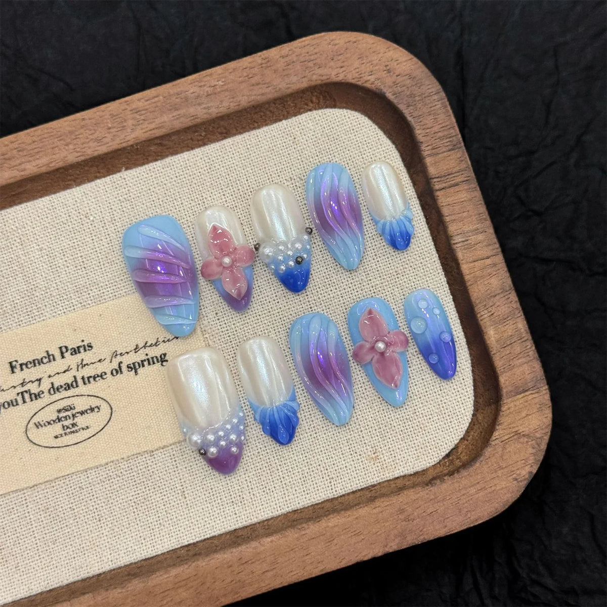 Aurora Press On Nails 3D Flower Glitter Pearl Almond Set 10pcs