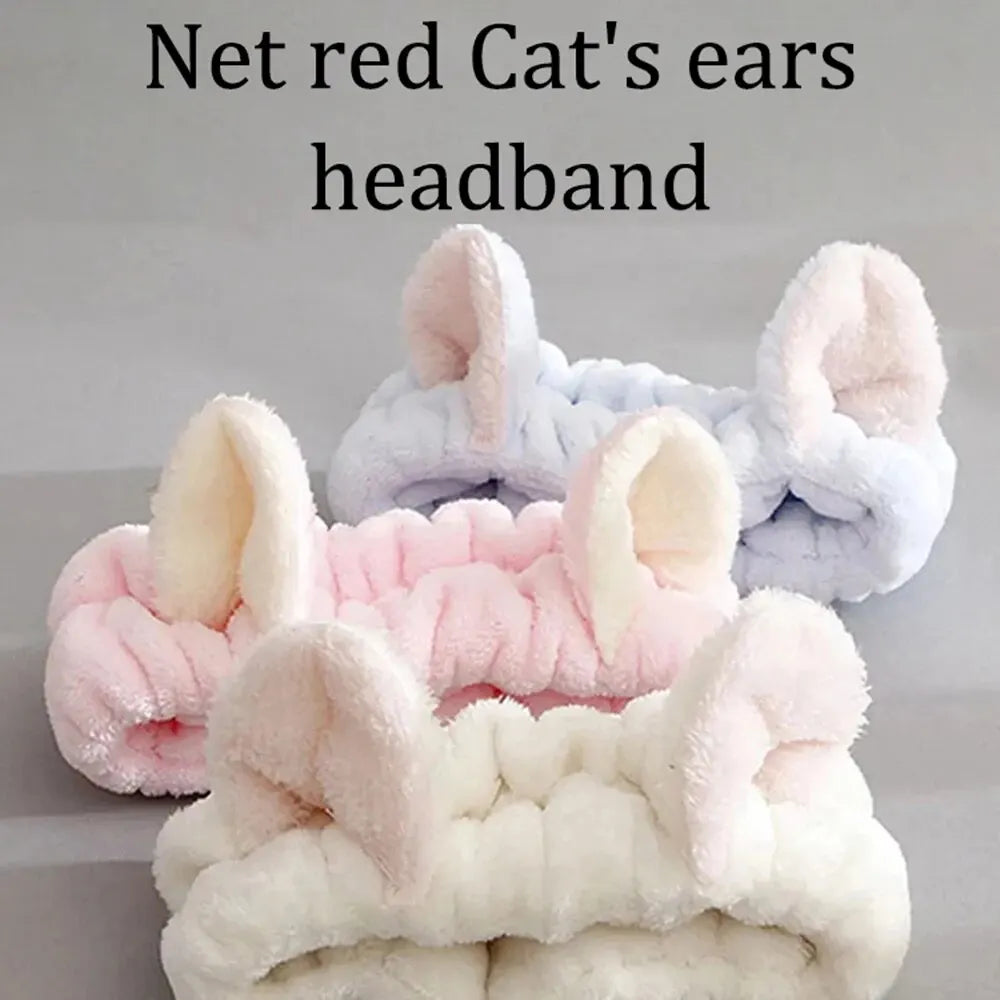Cat Ear Coral Plush Headband – Soft Bow Makeup Hair Band