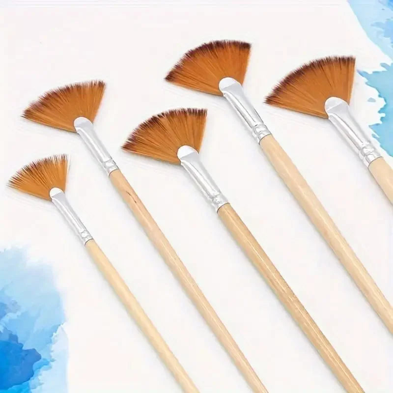 Professional 5-Piece Fan Brush Nylon Bristles Acrylic Watercolor