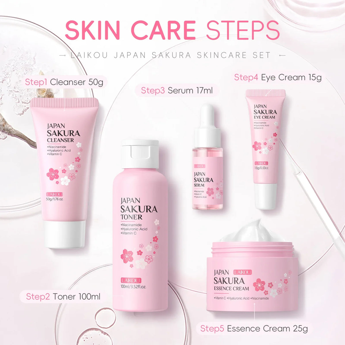 LAIKOU Sakura 5-Piece Skin Care Kit – Moisturizing Gift Set