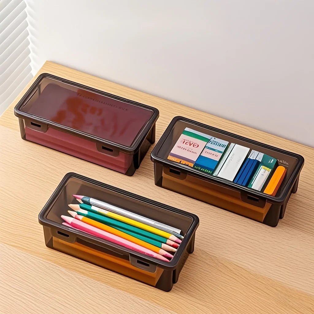Black Transparent Plastic Storage Box Lid Pens Pencils Markers School