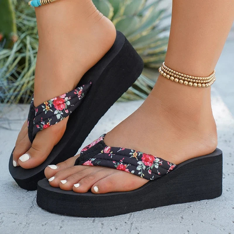 Women's Retro Floral Flip Flops | Beach Wedge Sandals