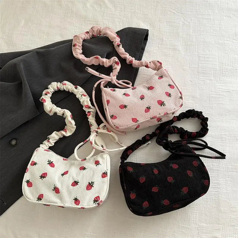 Corduroy Mini Shoulder Bag | Strawberry Print Half Moon Tote