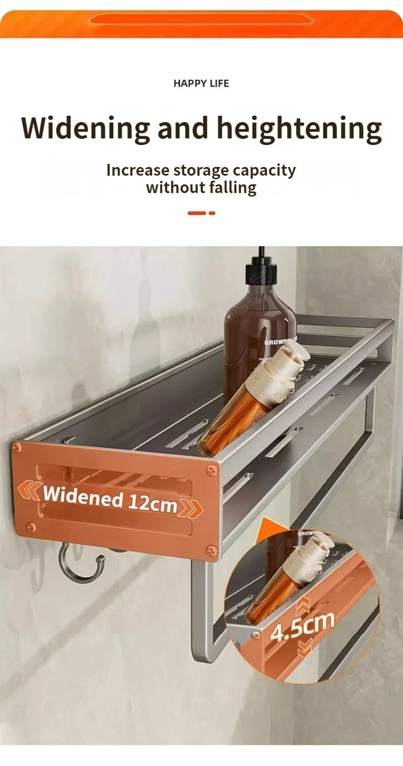Aluminum Shower Corner Shelf with Towel Bar | No Drill