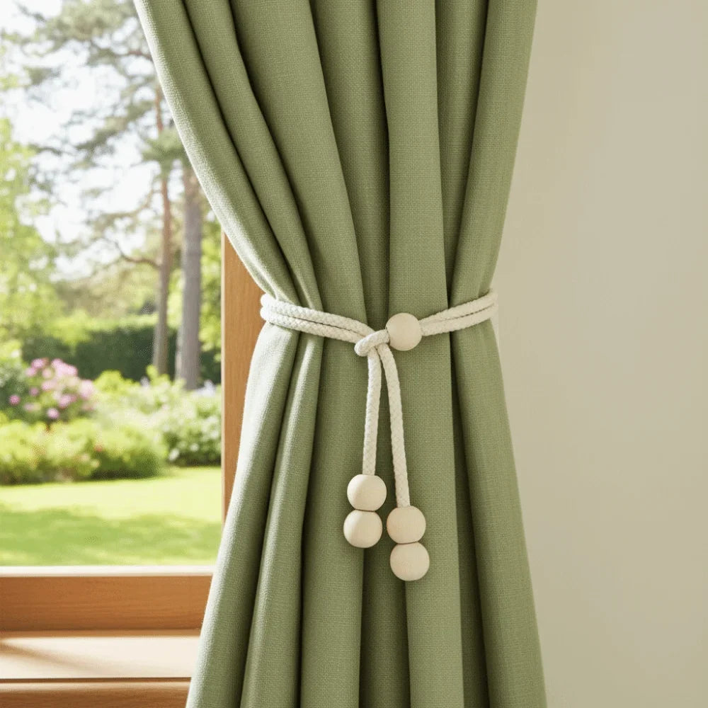Adjustable Curtain Tiebacks with Wooden Beads | Cotton Linen