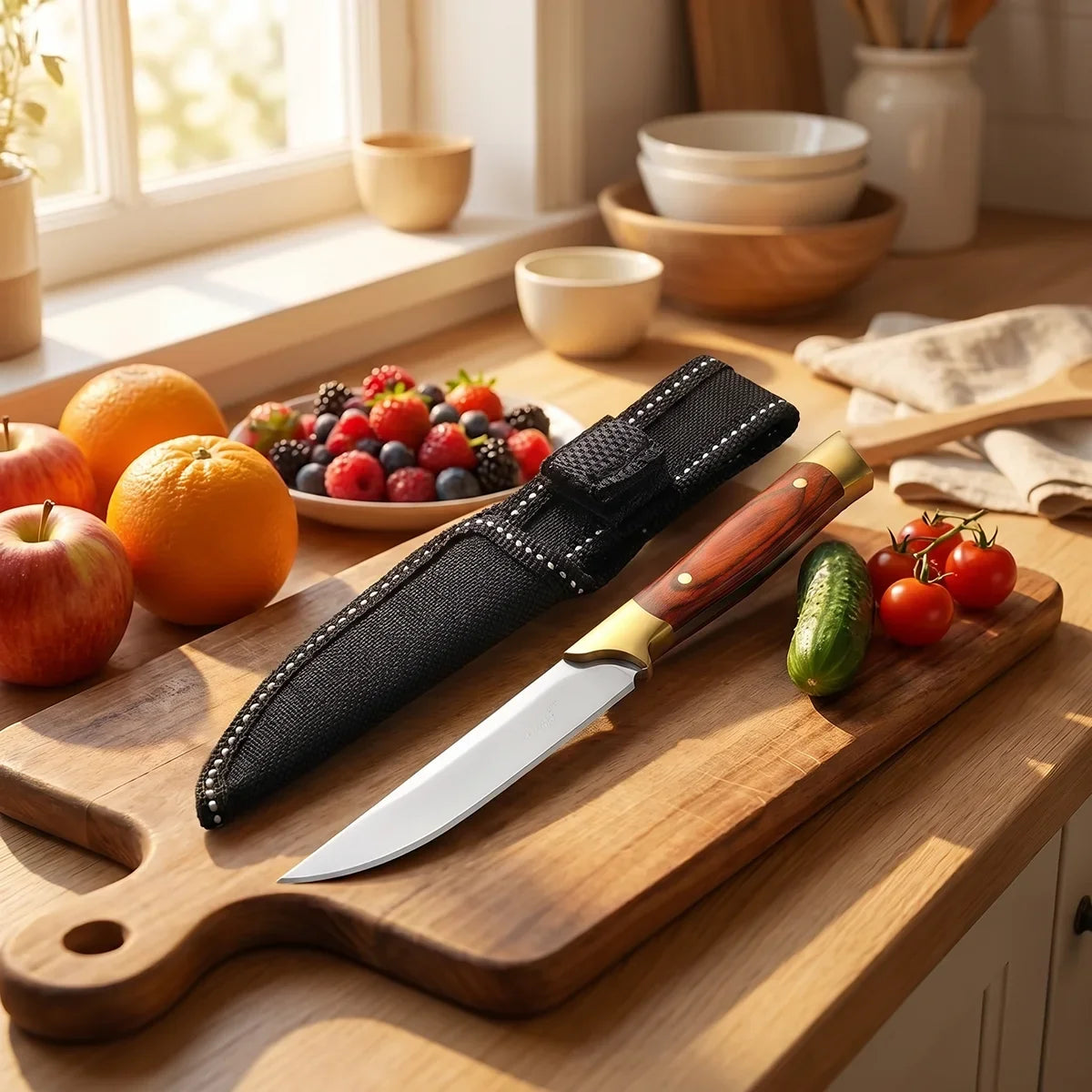 Steel Fixed Blade Utility Knife with Sheath – Wood Handle