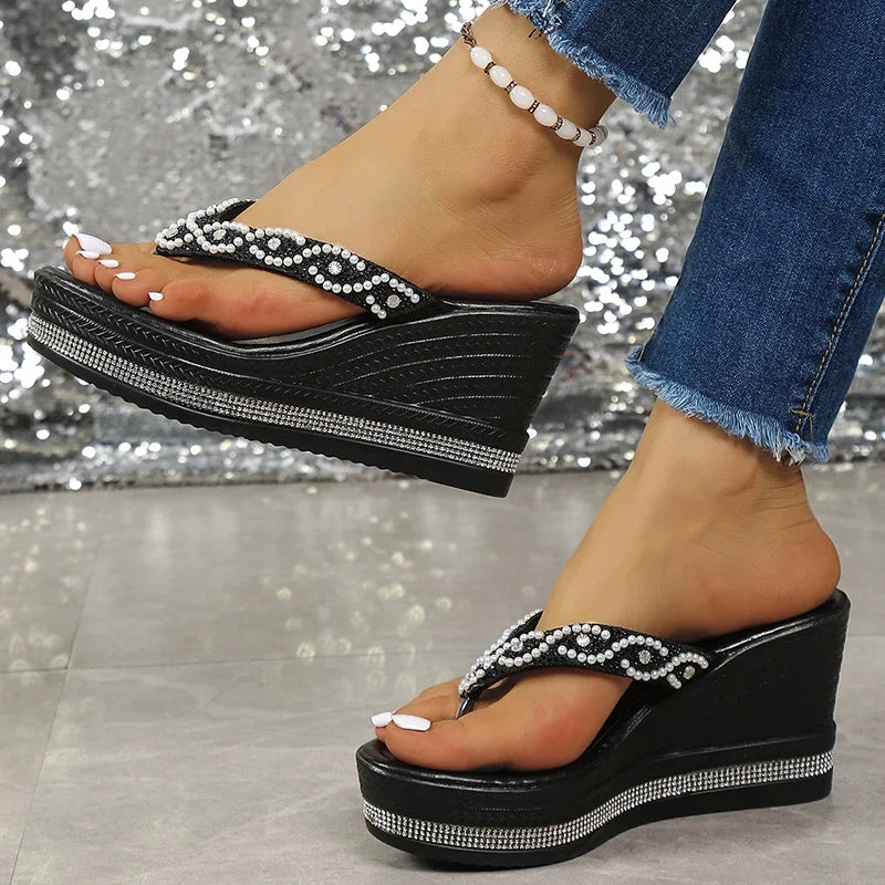 Women's Crystal Bead Wedge Platform Sandals | High Heel Flip Flops