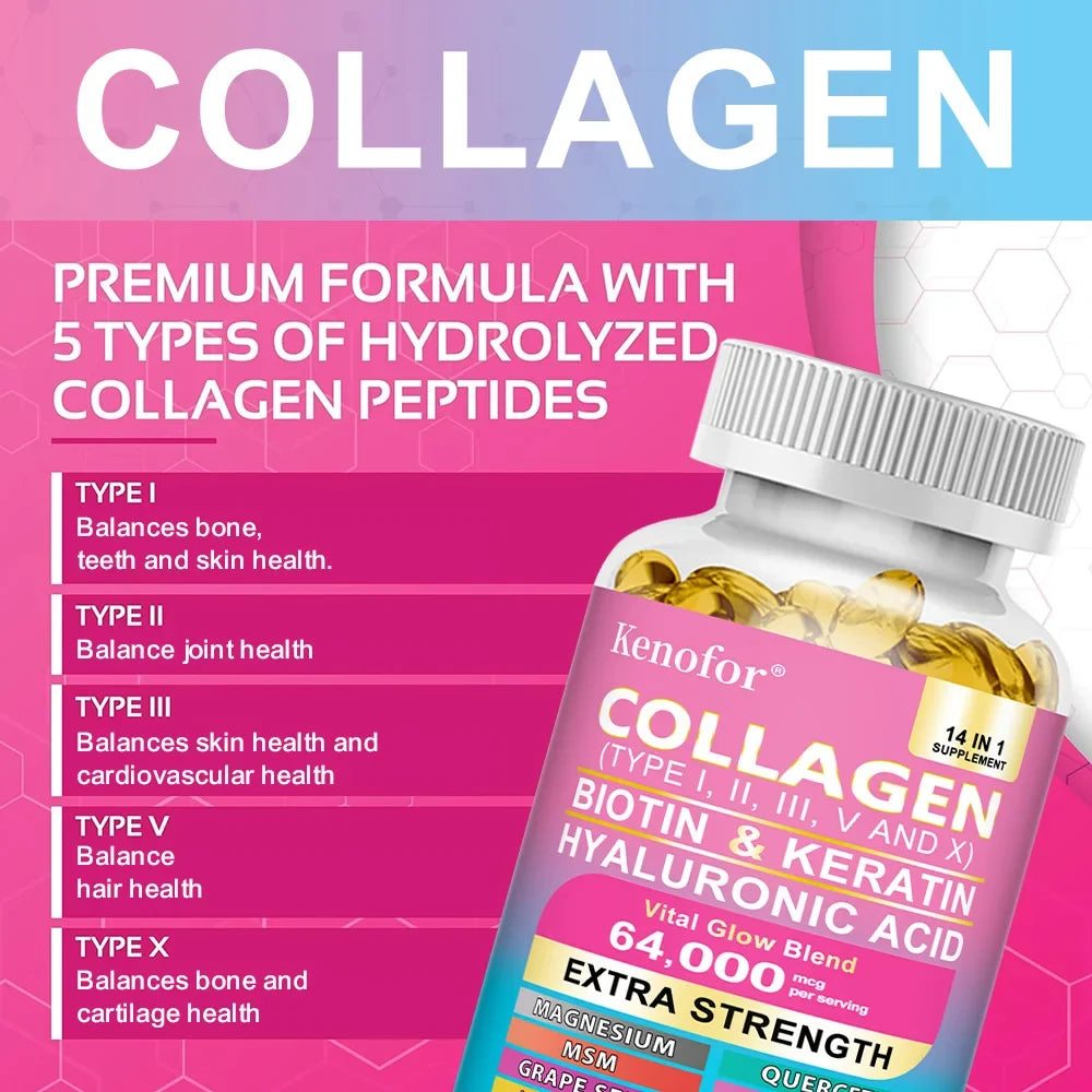Multi Collagen Capsules Types I II III V X | Biotin Keratin Hair Skin Nails