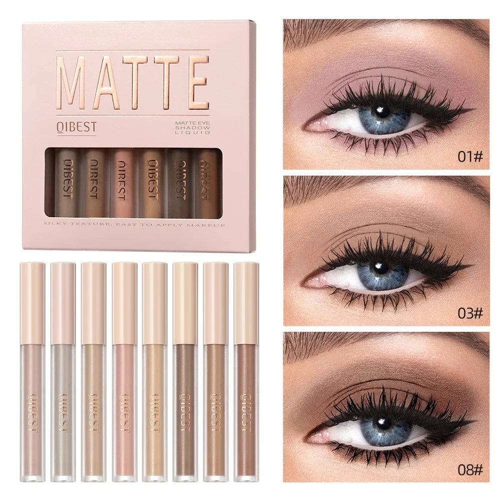 QIBEST 8-Color Matte Liquid Eyeshadow Set – Waterproof & Long-Lasting