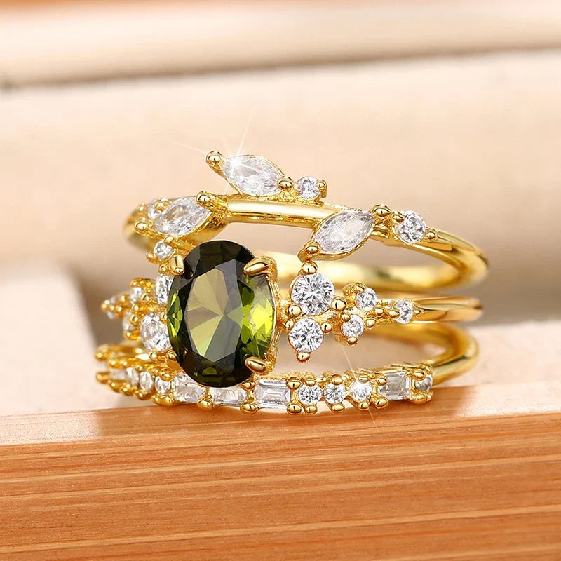 Huitan 3-Piece Olive Green CZ Gold Bridal Ring Set for Women