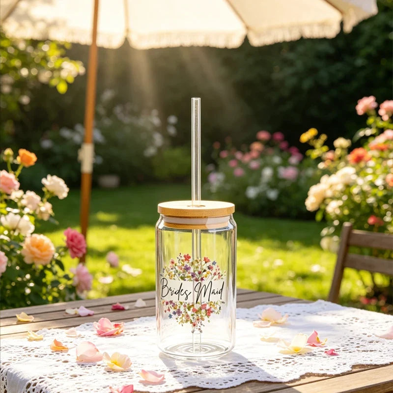 Bridesmaid Wildflower Glass Tumbler | Wooden Lid & Straw Gift