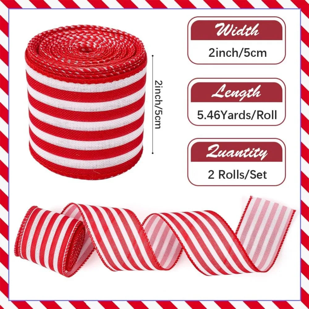 Red & White Striped Wired Ribbon 2" Wide – 10.94 Yards Total