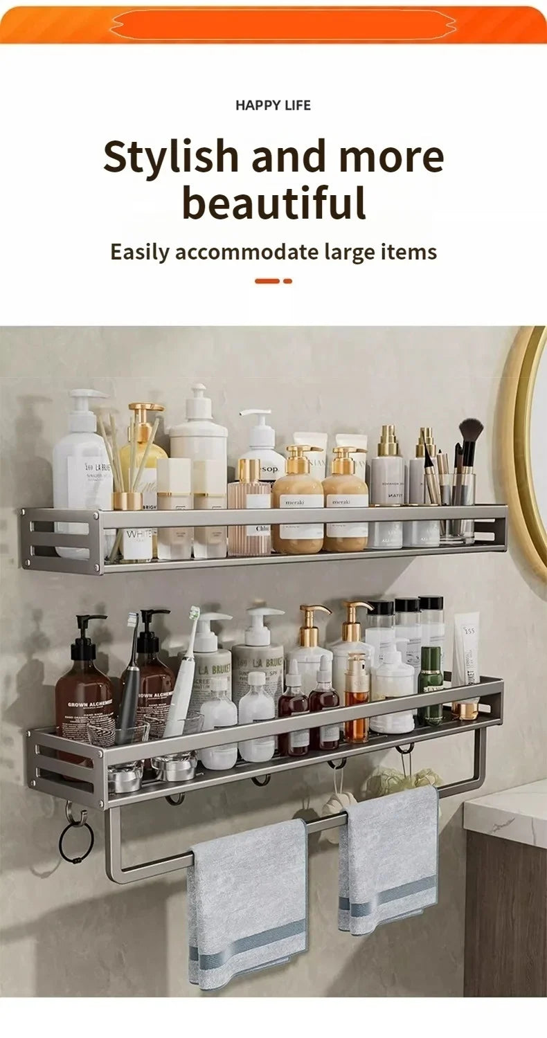 Aluminum Shower Corner Shelf with Towel Bar | No Drill
