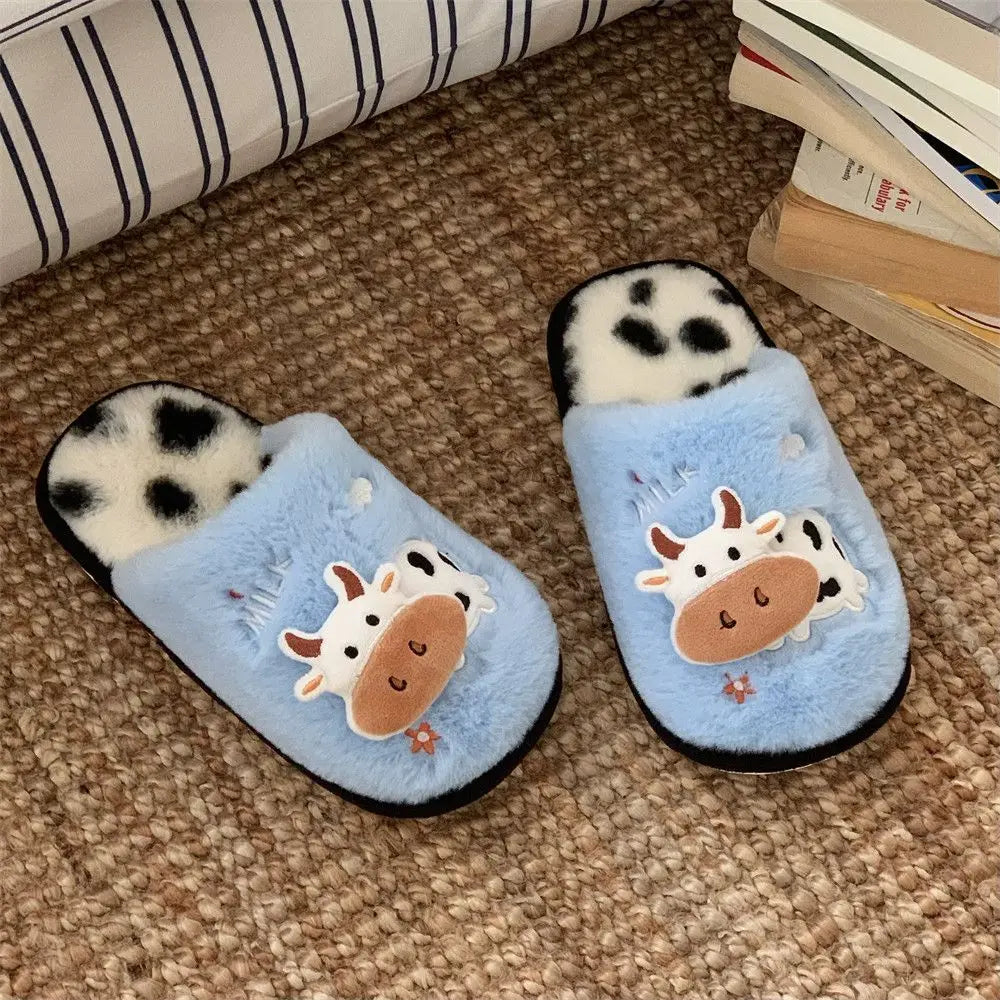 Cow Print Faux Fur Slippers – Cozy Indoor Slides Men & Women