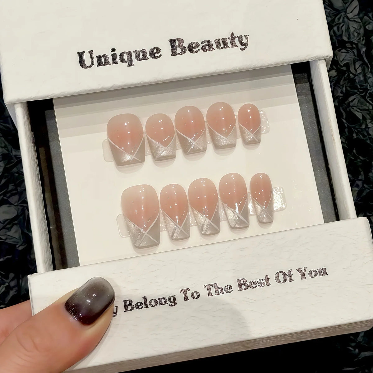Short French Cat Eye Press On Nails | Korean Shiny Tips