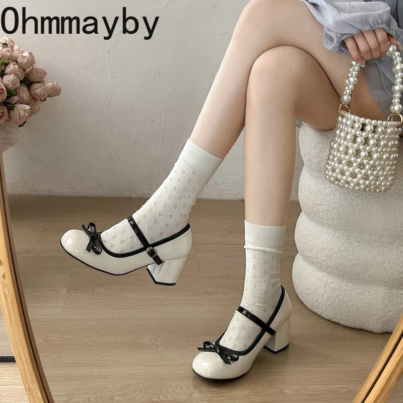 Women's Mary Jane Block Heel Pumps – Buckle Butterfly-Knot