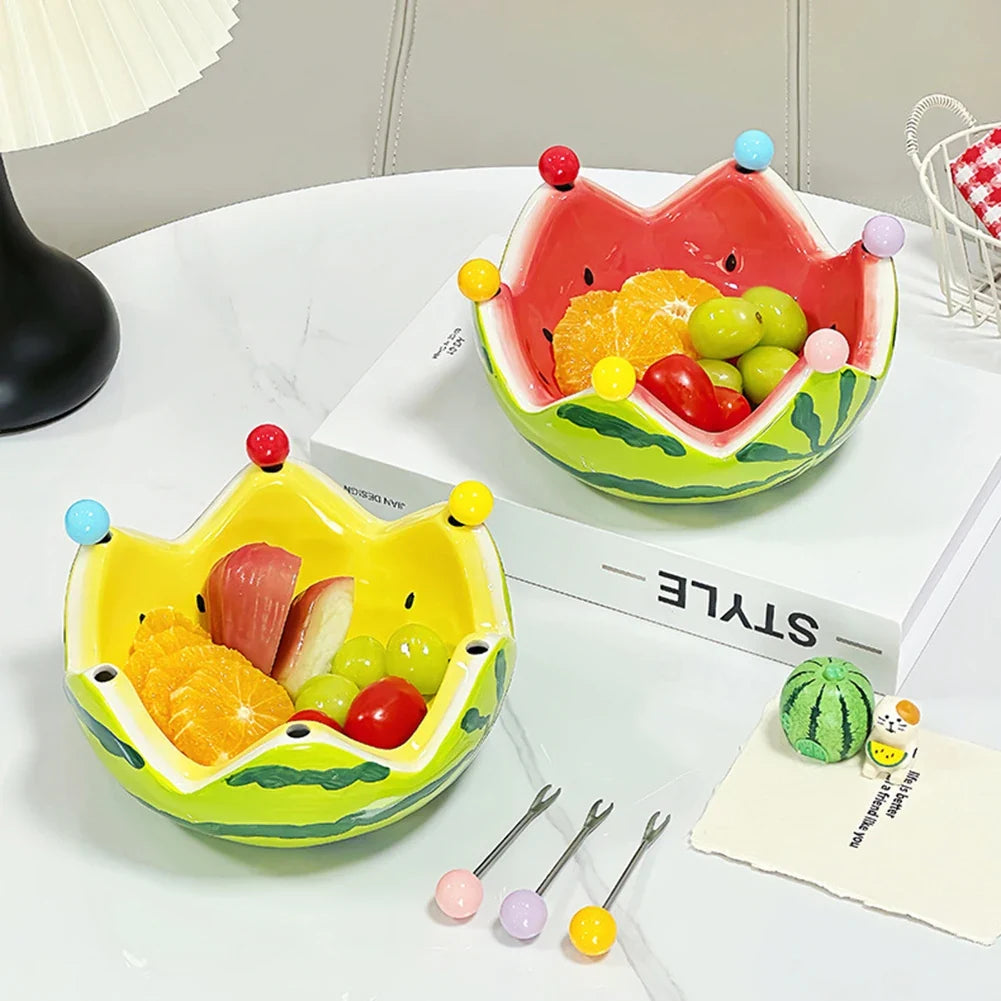 Watermelon Ceramic Fruit Bowl with Forks – Large Capacity