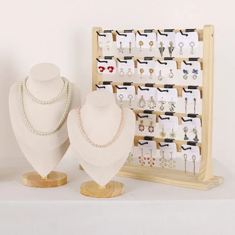 Solid Wood Jewelry Display Rack with Hooks | Multi-Tier Organizer