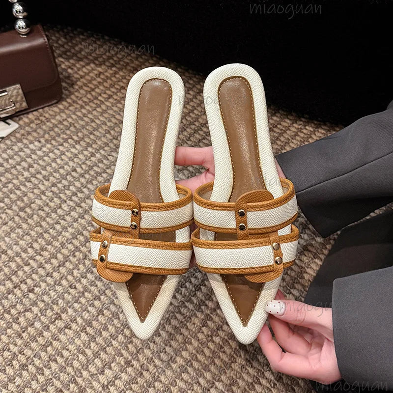 Retro Pointed Flat Sandals for Women – Belt Buckle Summer Slippers
