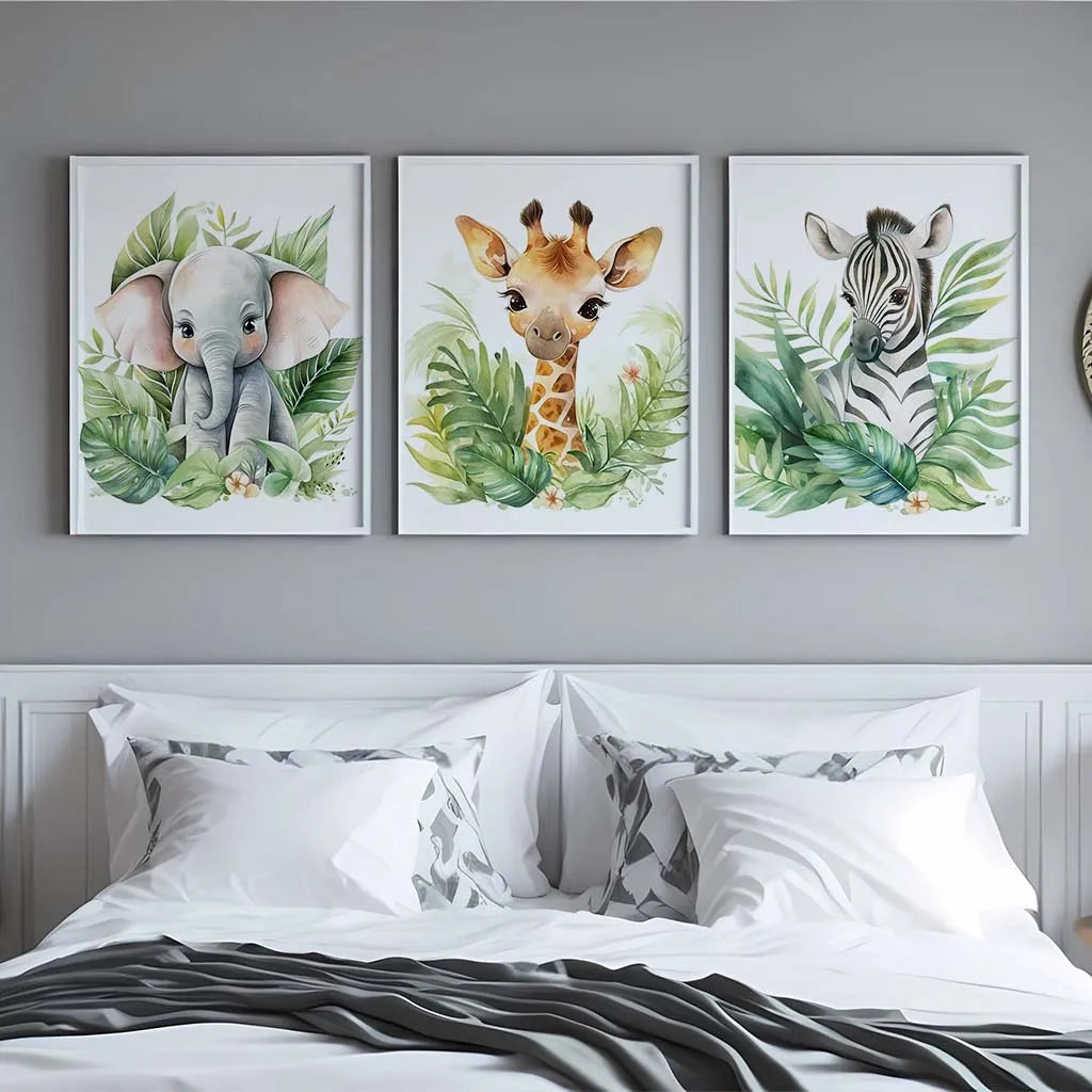 Safari Animal Canvas Wall Art | Nursery Giraffe Elephant Zebra Print
