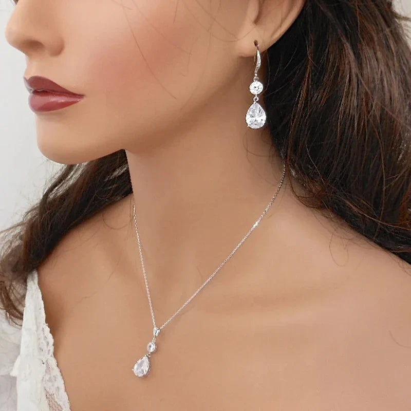 Huitan Waterdrop CZ Drop Earrings – Silver Tone Wedding Party