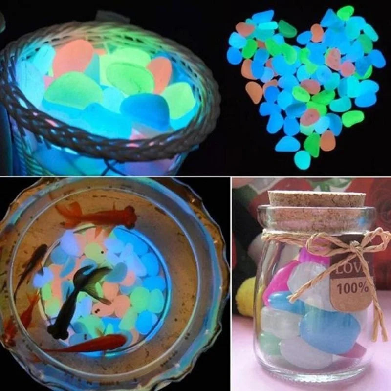 100 Glow in the Dark Pebbles – Luminous Garden & Aquarium Stones