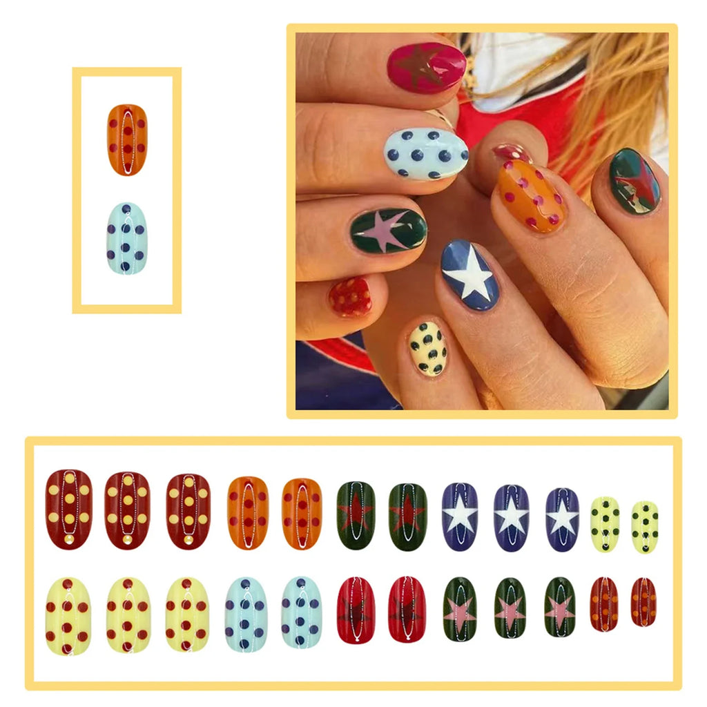 Colorful Star Dot Reusable Artificial Fingernails Wearable Short Oval