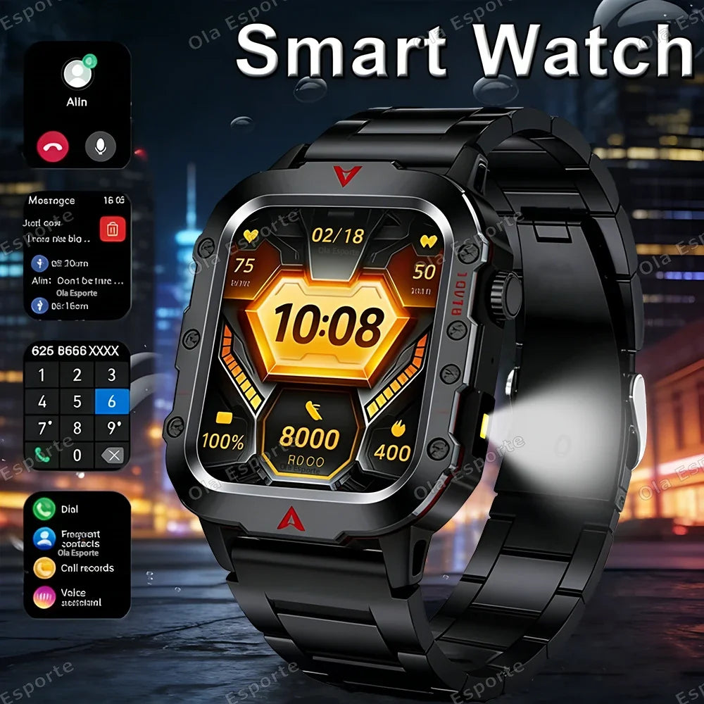 Military Smartwatch Men – Bluetooth Call, LED Flashlight, 3ATM