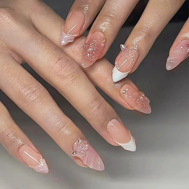 Blue Cat Eye Press On Nails – 24pcs Short Round Flower Tips