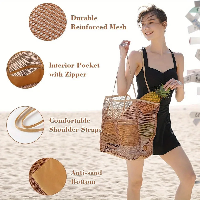 Colorful Mesh Beach Tote Bag – Shoulder & Crossbody | Khaki