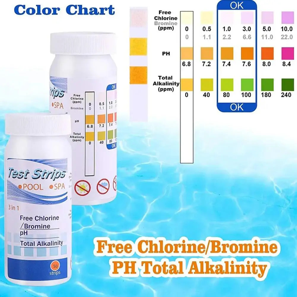 50-Pack Pool & Spa pH Chlorine Test Strips – 3-in-1 Water Tester