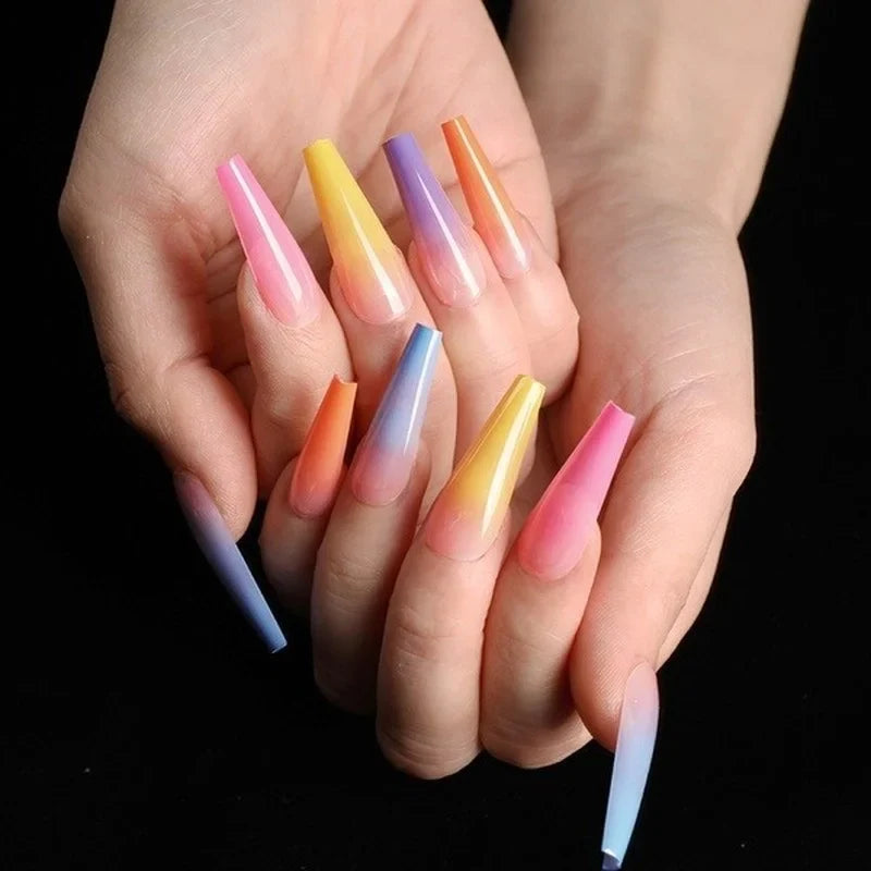 24-Piece Rainbow Coffin Ballerina False Nails – Full Cover Tips