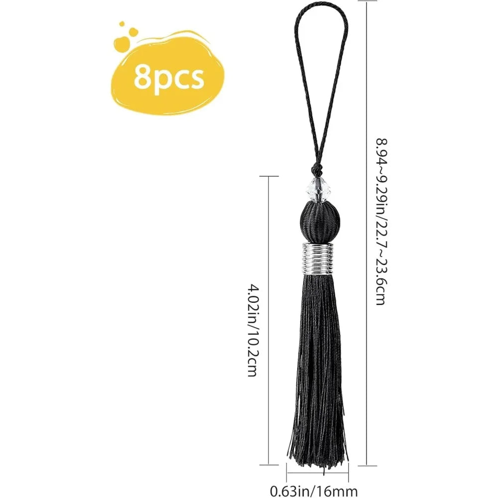8 PCS Handmade Beaded Polyester Tassel Pendants – 9" Black