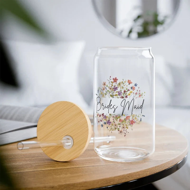 Bridesmaid Wildflower Glass Tumbler | Wooden Lid & Straw Gift