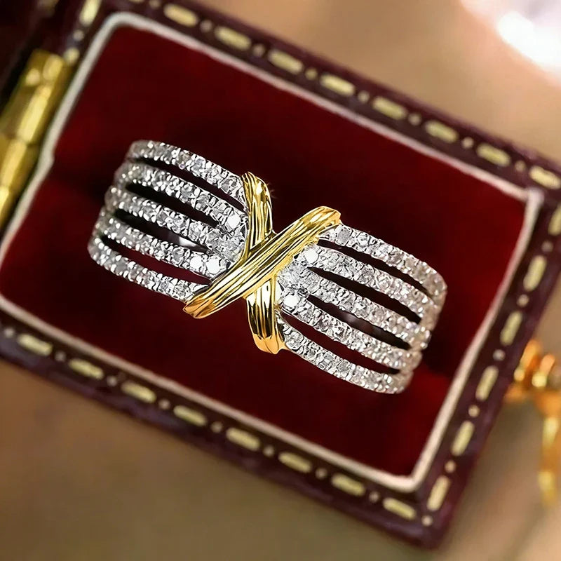 Huitan Two-Tone Cross Ring – Sparkling CZ Statement Ring