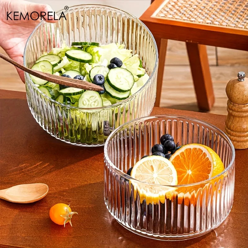 KEMORELA Striped Glass Salad & Fruit Bowl – Serving Dish
