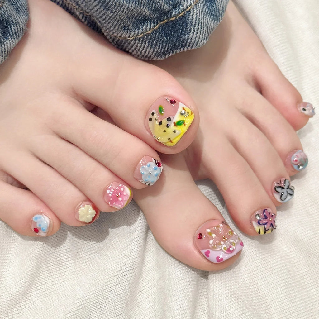 Handmade Graffiti Press On Toe Nails – 3D Crystal Flowers 12pcs