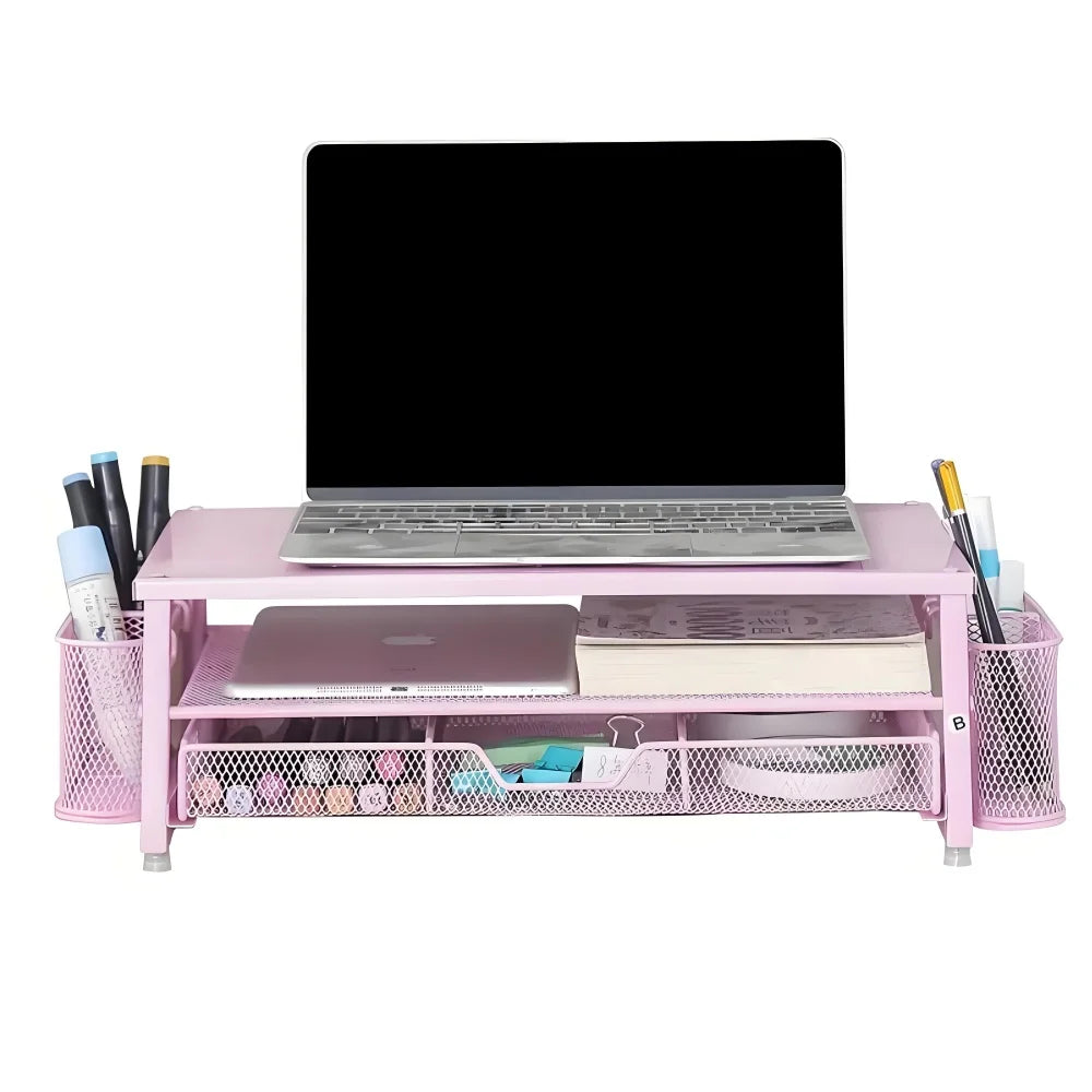 2-Tier Metal Monitor Stand Desk Organizer – Drawer & Pen Holder