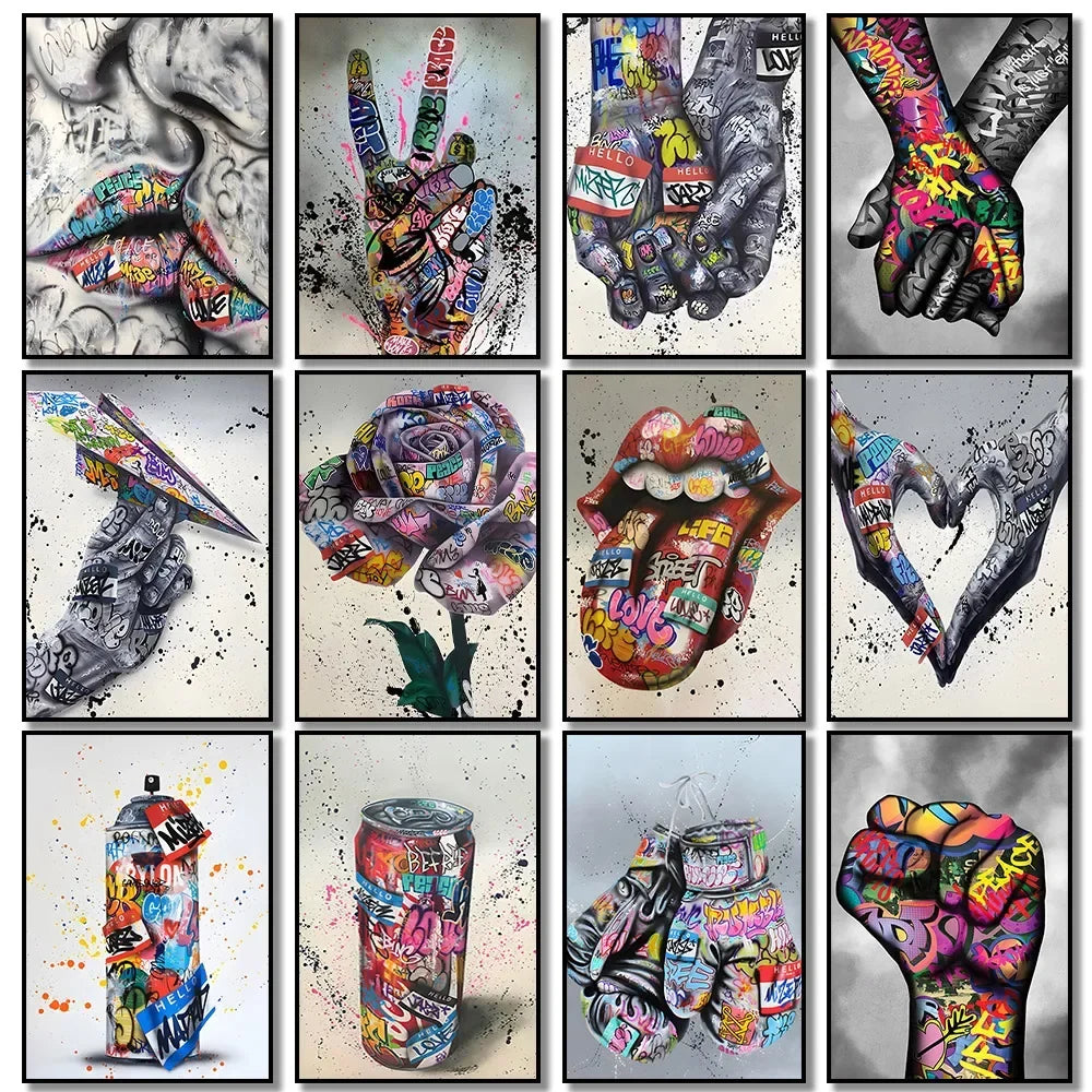 Street Graffiti Gestures Canvas Wall Art | Abstract Pop Mural
