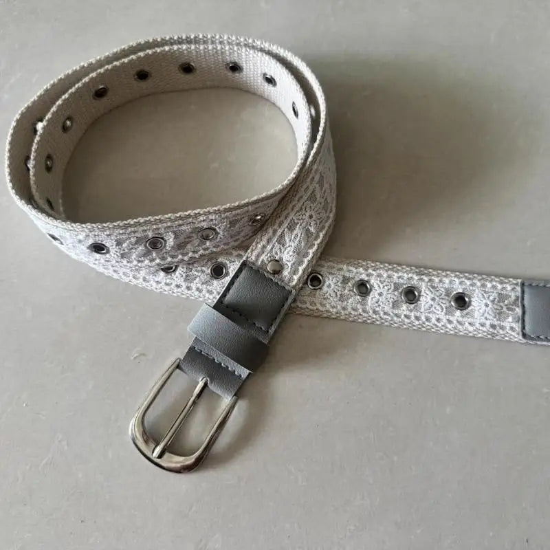 Vintage Lace Canvas Belt for Women – Metal Buckle 110cm