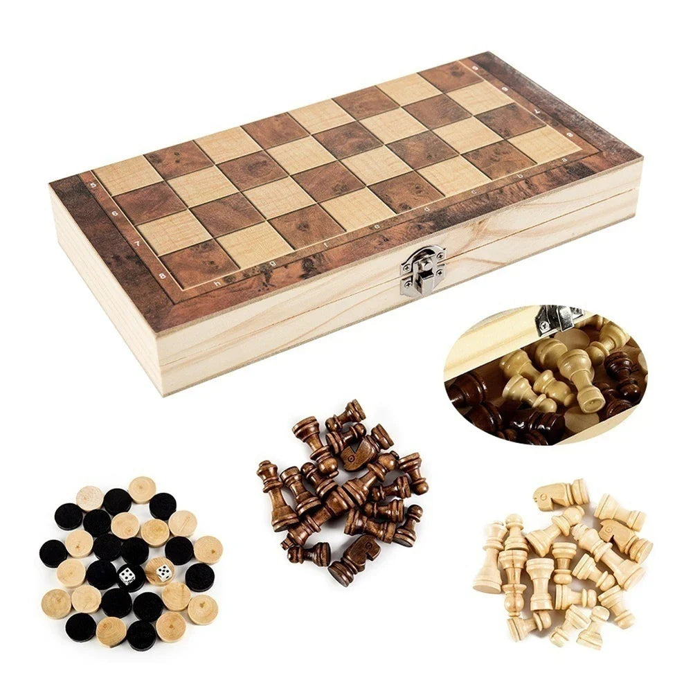 1 Chess Board Sets Folding Storage Wooden Travel Checkers Game