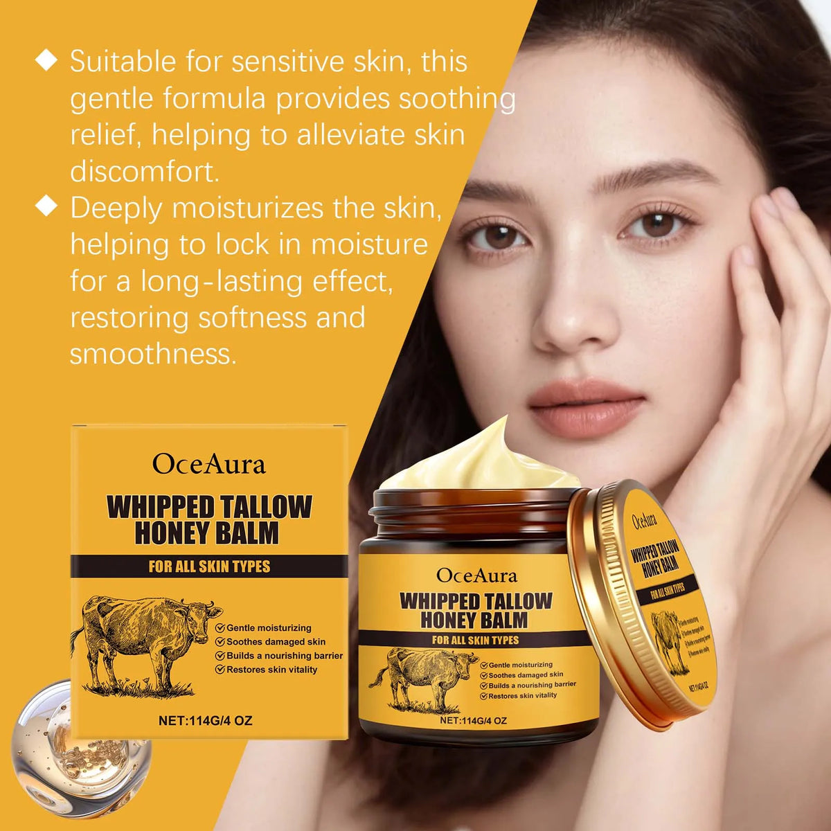 OceAura Beef Tallow & Honey Balm | Deep Hydrating Face Cream