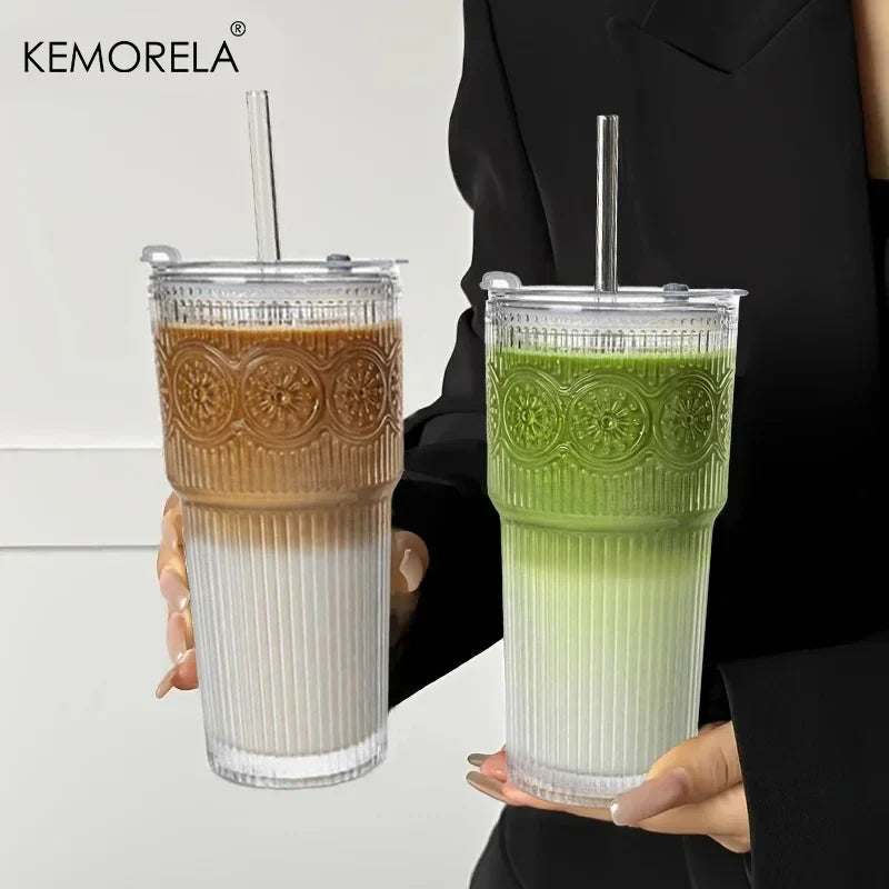 KEMORELA 600ml Floral Glass Tumblers with Lid & Straw