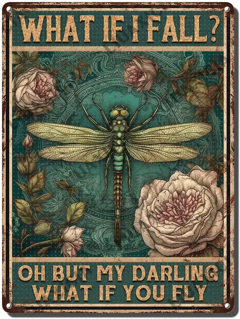 Vintage Dragonfly Metal Tin Sign – Inspirational Quote Wall Art
