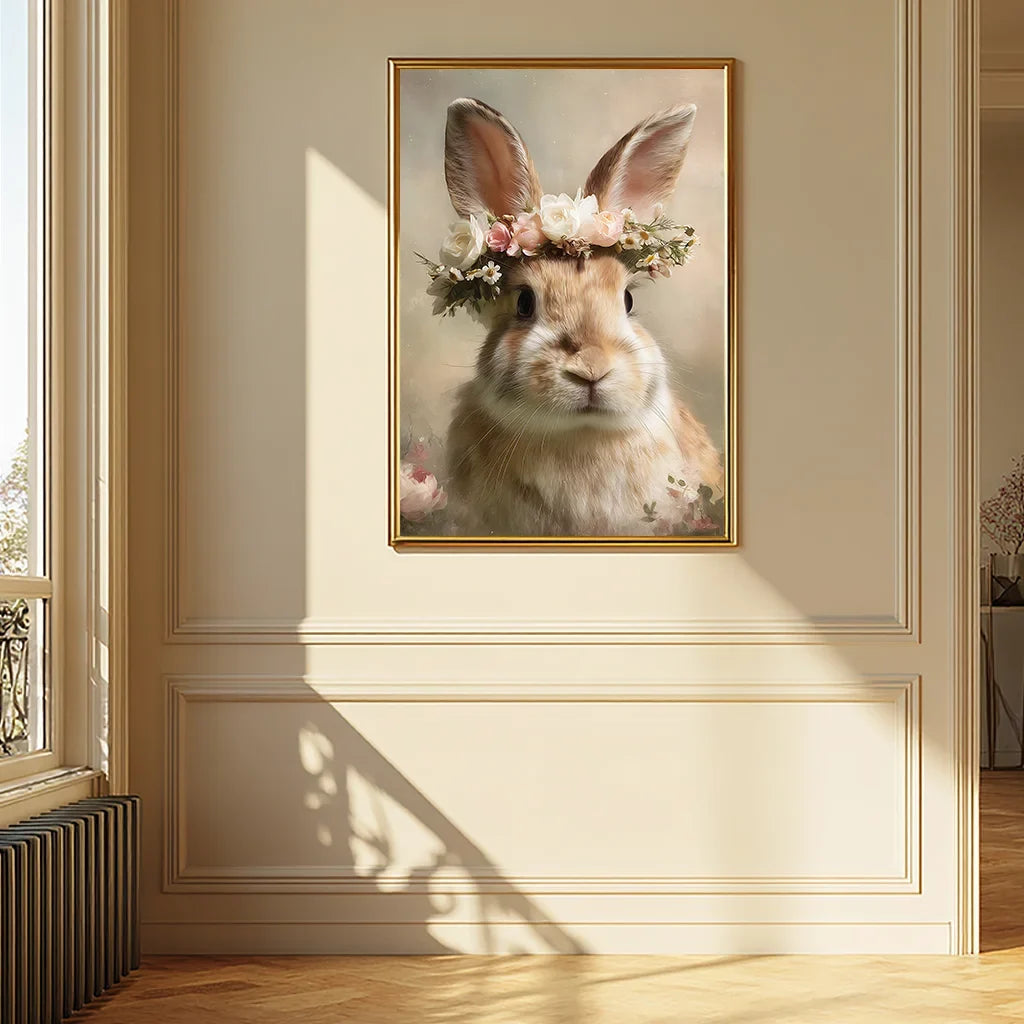 Vintage Floral Rabbit Canvas Wall Art | Bunny Flower Crown Print